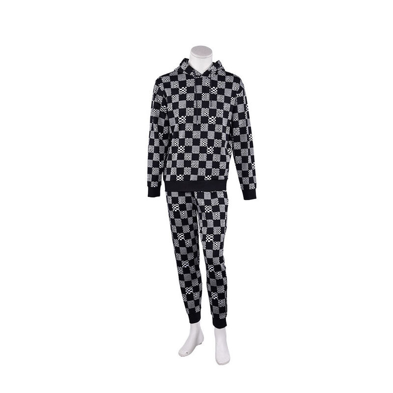 Felpa con cappuccio e pantaloni della tuta in spugna con scacchiera alla moda, delicati sulla pelle, per uomo, stile sportivo e streetwear