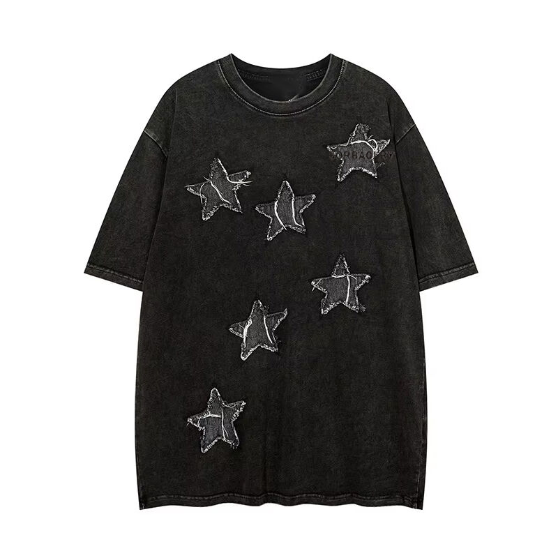 Abbigliamento di strada di alta qualità per abbigliamento di squadra T-shirt per il collo Applique Patch ricamo Acido lavato T-shirt vintage