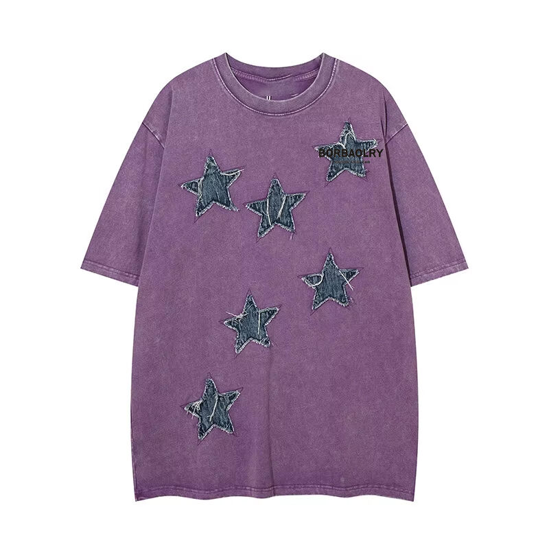 Abbigliamento di strada di alta qualità per abbigliamento di squadra T-shirt per il collo Applique Patch ricamo Acido lavato T-shirt vintage