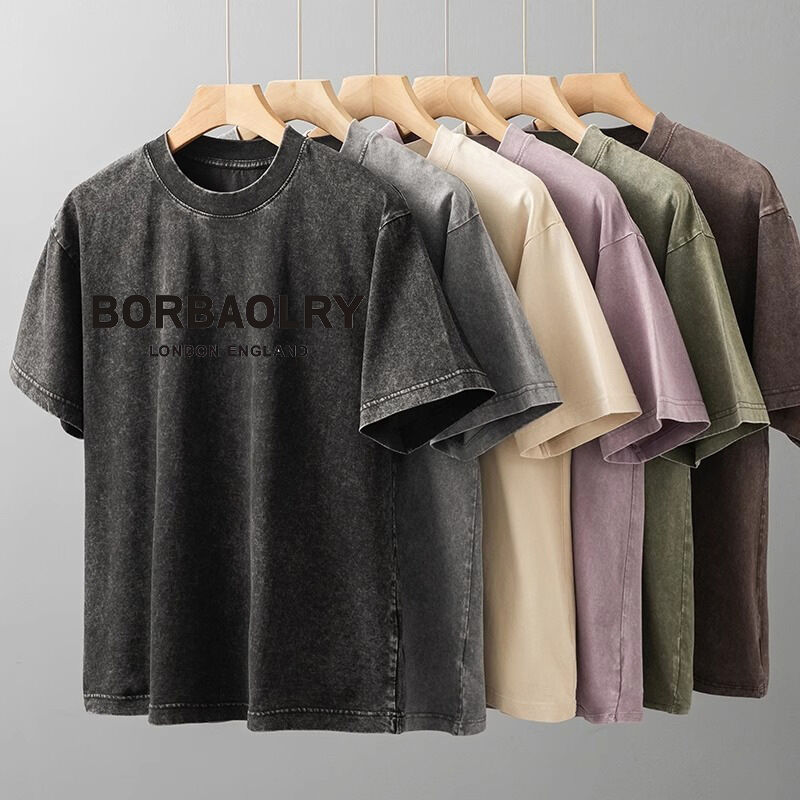 T-shirt in cotone di alta qualità con lavaggio acido personalizzato, stampa digitale minerale retrò oversize, t-shirt vintage pesante