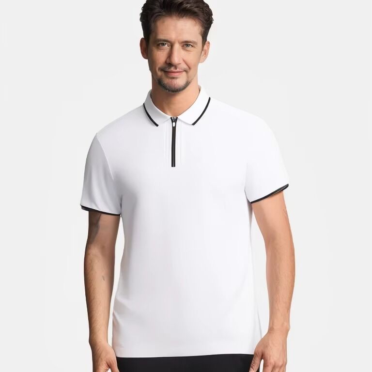 Maglietta da golf da uomo in cotone POLO con mezza zip, manica corta, stile lavorato a maglia traspirante con decorazione di bottoni di alta qualità