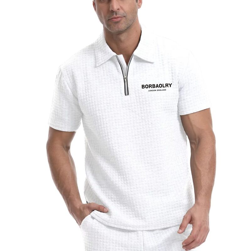 Polo personalizzata in misto poliestere elasticizzato con zip, Polo waffle premium da uomo